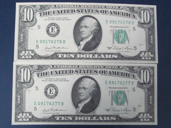 2 $10 Dollar Bills - 1981 Uncirculated Consecutive Numbers