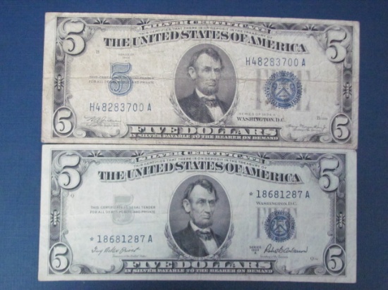 2 Blue Seal $5 Silver Certificates - 1953A Silver Certificate Star Note and 1934A