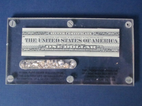 Silver Certificate and 99.99% Pure Silver Bullion in Acrylic Case Display