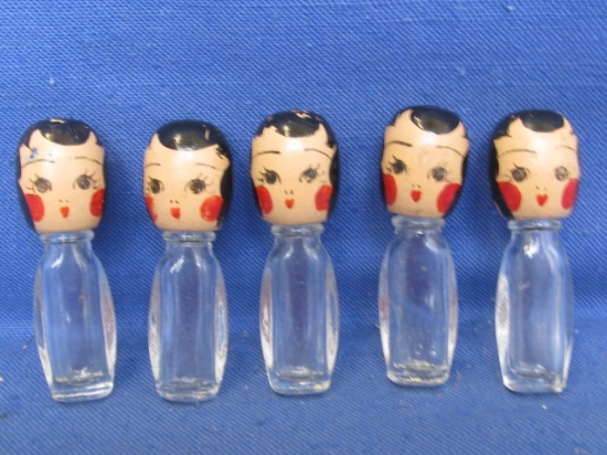 5 Vintage Perfume Bottles 2 3/4” Tall with Painted Wooden Heads on screw caps