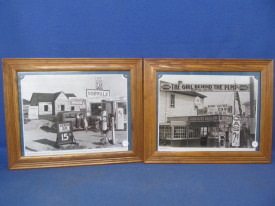 2 Vintage  Black & White Gas Station Photographs , Framed appx 13” T x 16” W Dorothea Lange & E.O. H