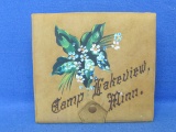 Nice Vintage Leather Covered Box “Camp Lakeview, Minn.” Hand Painted Flowers – 5 /2” x 6 1/4”