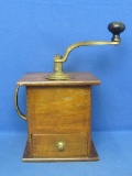Vintage Wood Coffee Grinder w Cast Iron Top & Handle on Side – Body is 7” square