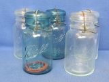 5 Ball Ideal Mason Jars with Wire Bales – Patent Date of 1908 – 2 are Aqua – 7” tall