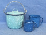Small Blue Enamel Pot with Lid & 2 Sizes of Coffee Cups – Pot is 4” tall wo lid