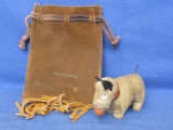 Vintage Japan Wind-up Toy Dog 2 1/2” Tall & North Dakota  4-5” Fringed Bag Leather