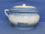 Antique Camber Pot with Lid (Handle Broken) Bow Design – Blue & White – 9 1/4” in diameter