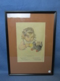 Framed & Matted Print w/ Poem - “The Greedy Cat” - 14 1/4” x 20 1/4” - Good condition except for chi