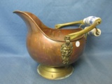 Vintage Copper & Brass Coal Scuttle – 2 Handles, Brass w/ Delft(?) Porcelain – Lions Head decorative