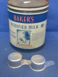 Baker's Modified Milk Tin – Vintage Formula  - Tin & 2 Measuring scoops marked “Baker's Modified Mil