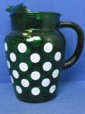 Anchor Hocking White Dots on Forest Green Glass Water Pitcher –Stands  9” Tall