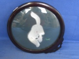 White Kitten Double- Sided Silk Embroidery in 8 1/2” DIA Frame with domed Glass on Both Sides