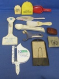 12 Assorted Advertising Items 8-12” Long: Scoops, Rain Gage, & More