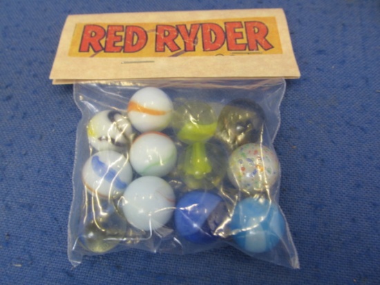 Red Ryder Marbles – 12 Asst Glass Marbles in a sealed  plastic bag with Red Ryder Label