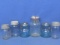 6 Viintage Canning Jars: 2 Blue Glass Atlas E-Z Seal Bale, 1 Clear Bale, 3 Masons w/ Zinc Lids