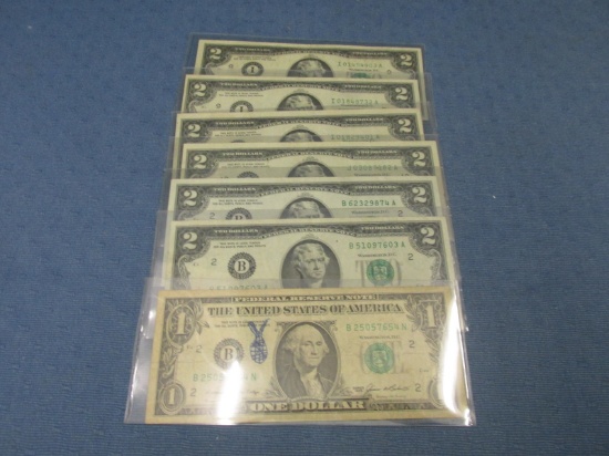 Lot of 7 US Bills – 6 1976 Series $2 Bills, 1 1985 Series $1 Bill – As shown