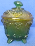Vintage Jeanette Yellow & Green Candy Dish w/ Lid Cluster Embossed Grapes  - footed 6” Tall