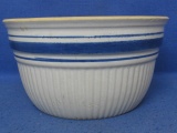Vintage Blue Banded Pottery Mixing Bowl  4” T x 7 1/2” DIA – Fluted sides – No Maker's Marks