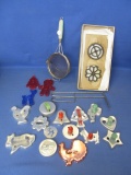 Vintage Flour Sieve/Strainer,  Cookie Cutters (Metal & Plastic) & Rosette Irons in Box