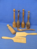 8 Primitive Wooden Kitchen Items: (Butter Paddles, Spoon, 4 Mallets /Pusherss & Ricer Pusher 10-12”