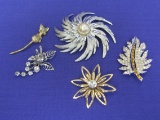 5 Vintage Pins/Brooches – Largest is Sarah Coventry at 3” in diameter – Rhinestones