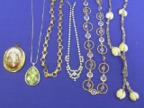 Mixed Lot of Vintage Necklaces – 1 Rhinestone – Locket w Porcelain Front – 1 Shell