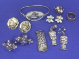 Mixed Lot of Jewelry: Rhinestone Earrings – 2 Rings – Avon Whistle Pendant – Silver? Bracelet