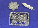 3 Vintage Sterling Silver Pins – 1 w Grape Motif is 1 3/4” long – Weight is 21.8 grams