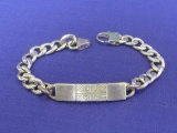 Sterling Silver Bracelet – ID Type with Cross or Flag on it – 8 1/2” long – 35.7 grams