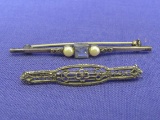 2 Vintage Sterling Silver Bar Pins – 1 w Pearls & Blue Stone 2 1/4” long – 5.0 grams