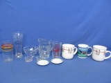 3 Coffee Mugs, 3 Vintage Glasses, 2 Bone Plates, Creamer, Salt Cellar & Glass Jar funnel for canning