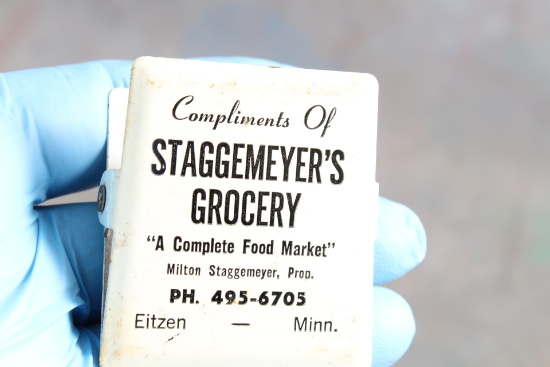 Vintage Metal Advertising Clip Staggemeyer's Grocery, Eitzen, Minnesota