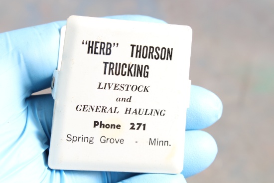 Vintage Metal Advertising Clip Herb Thorson Trucking Livestock Spring Grove, Minn.