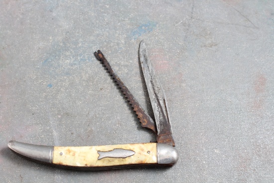 Vintage Fishing Knife & Scaler, Bottle Opener  Mother of Pearl Handle