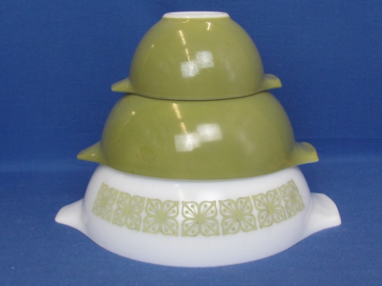 3 Pyrex Cinderella Bowls – Largest with Square Flowers – 2 are Green – 6” to 10 1/4” in diameter