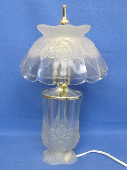 Boudoir Lamp – Clear & Satin Glass with Embossed Roses – 14 1/2” tall – Works