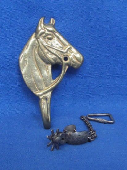 Brass Horse Head Hook & Key Chain with Spur – Hook is 5” long – Good vintage condition