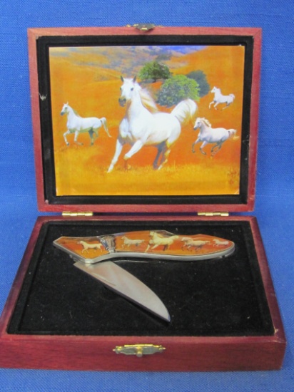 Folding Knife in Wood Box – Wild Horses – 6 1/2” long when open – made in China