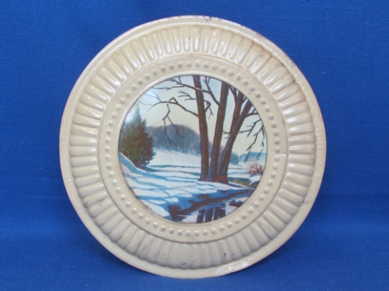 Metal Flue Cover – Cream with Winter Scene in Center – 8 1/8” in diameter