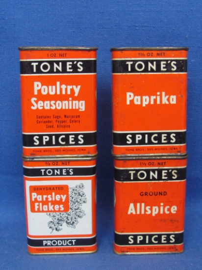 4 Vintage Tone's Spice Tins – Paprika, Allspice, Parsley Flakes & Poultry Seasoning