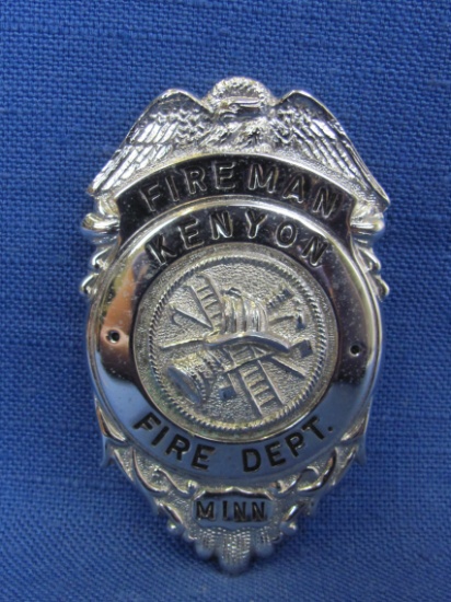 Silvertone Metal Badge “Fireman Kenyon Fire Dept. Minn” - 3” long – Good condition