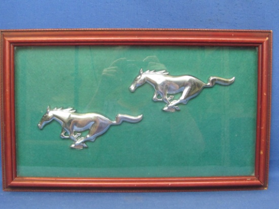 2 Ford Mustang Hood Ornaments? Framed under Glass – Wood Frame is 20” x 12”