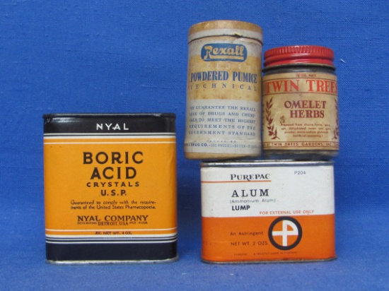 Vintage Containers: Boric Acid – Twin Trees Omelet Herbs – Powered Pumice – Alum