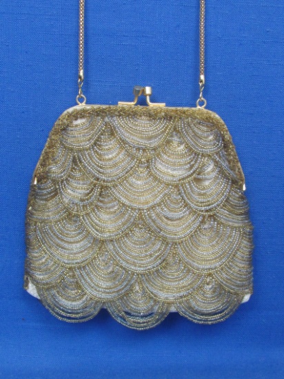 Silver & Gold Seed Beaded Evening Purse – Made in Hong Kong – 6 1/2” x 5 1/2”
