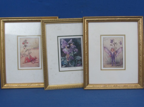 3 Framed Prints of Flower Fairies – Wood frame is 11” x 9” - Some dirt under glass