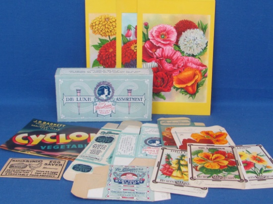 Paper & Advertising Lot: Empty Boxes – Flower Seed Packets – Cyclone Vegetables Label