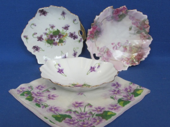 3 Porcelain Dishes with Violets & 1 Vintage Handkerchief w Violets – Dishes about 5” long