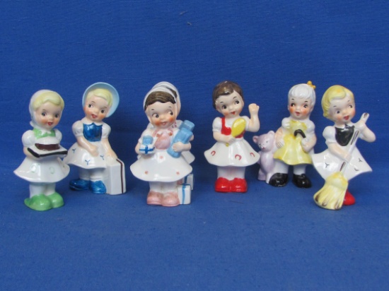 7 Ceramic Girl Figurines by Ucagco – About 4” tall – Made in Japan – Good vintage condition