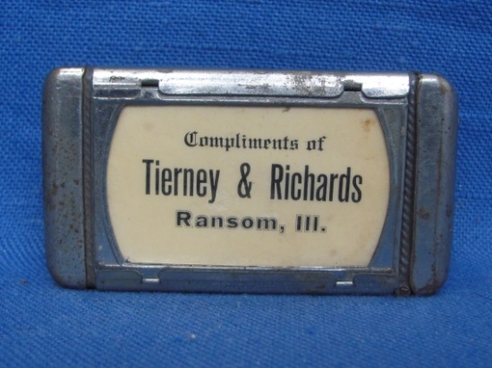 Vintage Advertising Match Safe/Case “Compliments of Tierney & Richards Ransom, Ill.”