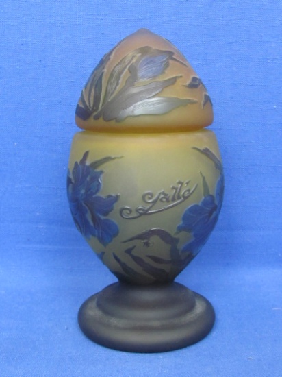 Reproduction Galle Cameo Glass Covered Jar – Purple Flowers on Yellow – 8” tall